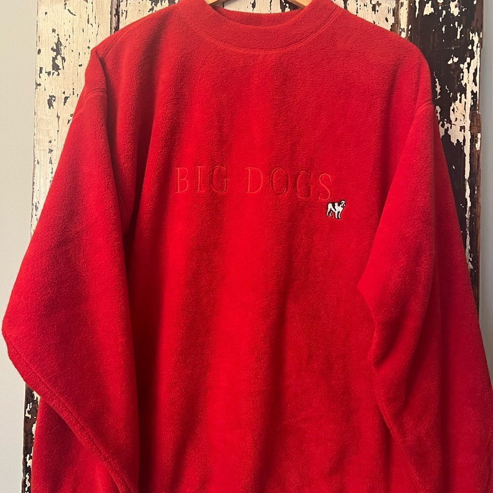 Vintage Big Dogs red oversized Fleece Crewneck men’s size Small.